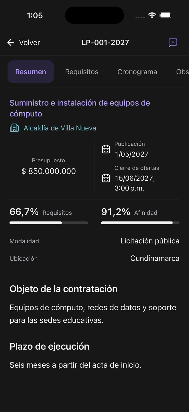 Detalle de la oportunidad en la app de ConstancIA