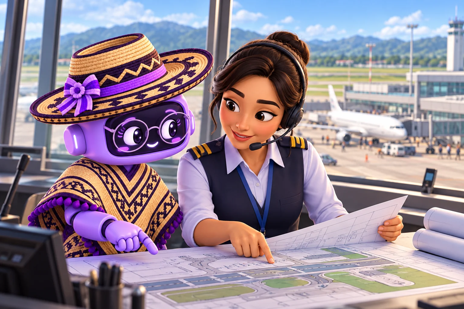 Ilustración de Ponchita con gafas, sombrero y poncho junto a una controladora aérea que revisa un plano de comunicaciones, con una pista, un avión estacionado y una terminal con viajeros al fondo.
