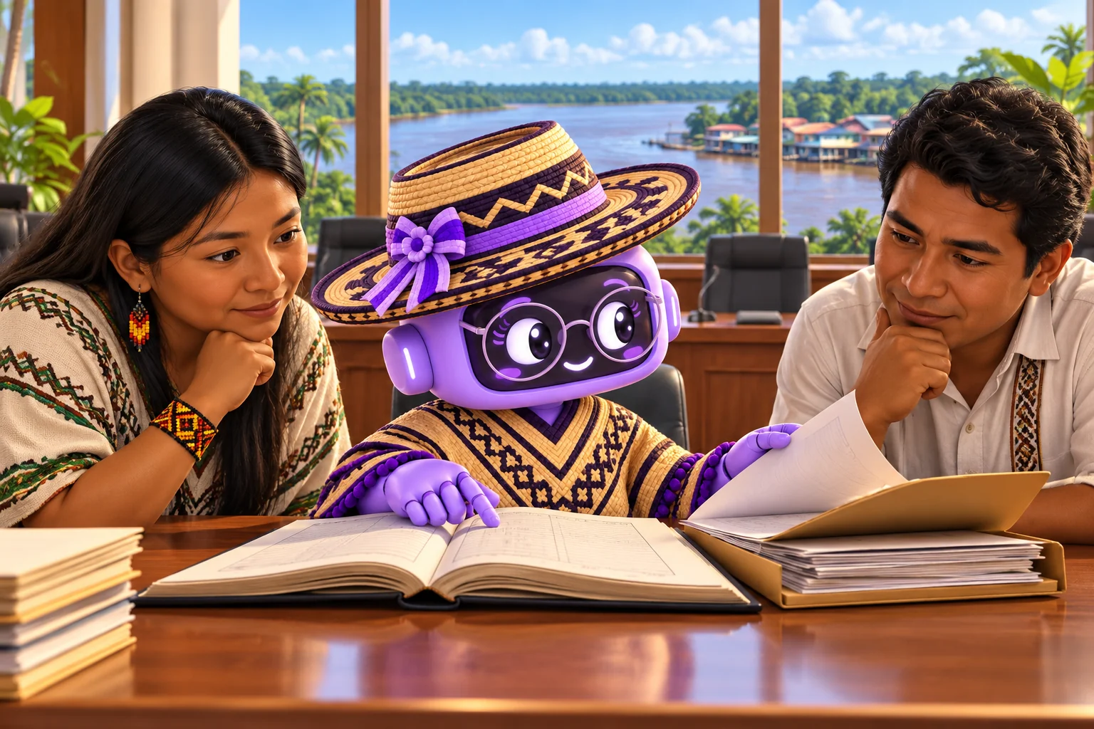 Ilustración de Ponchita con gafas, sombrero y poncho revisando un libro de cuentas con dos habitantes ante una sala de deliberación y una ventana al río Amazonas en Leticia.