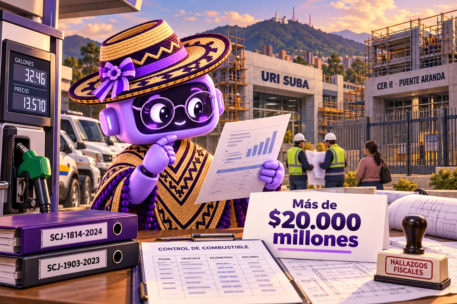 Ilustración de Ponchita revisando bitácoras de combustible y planos de la URI de Suba y el CER II de Puente Aranda, ante vehículos oficiales y obras de justicia de Bogotá con hallazgos fiscales por más de $20.000 millones.