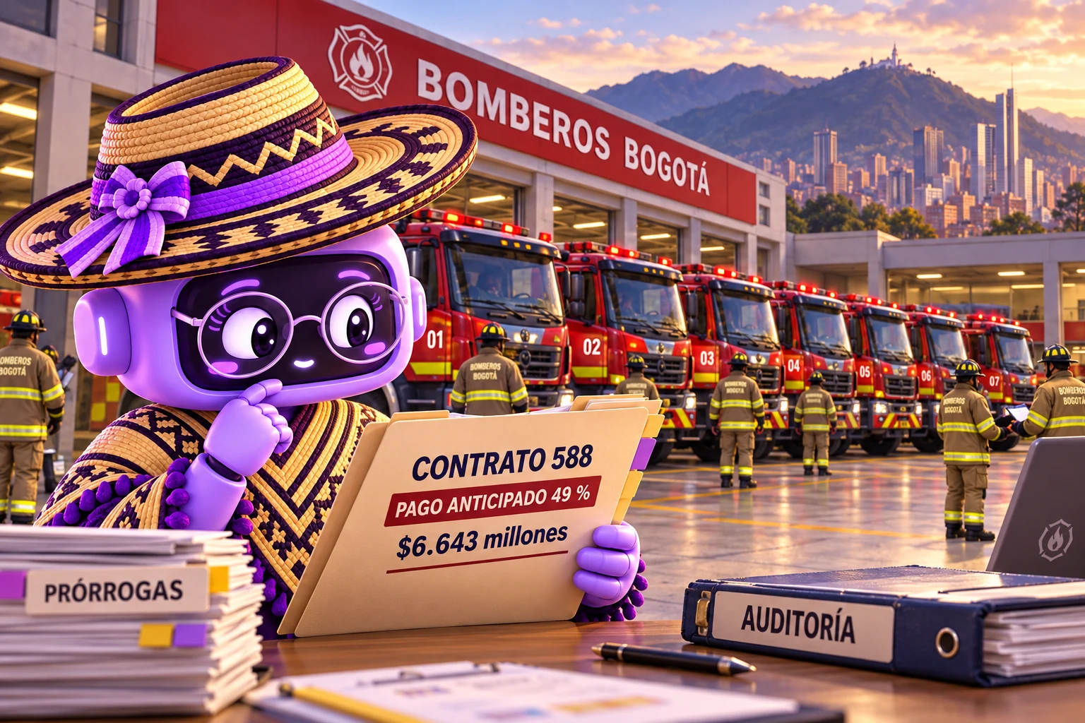Ilustración de Ponchita ante siete máquinas extintoras recibidas por Bomberos de Bogotá, revisando el contrato 588 y el pago anticipado del 49 % junto a documentos de prórrogas y auditoría.