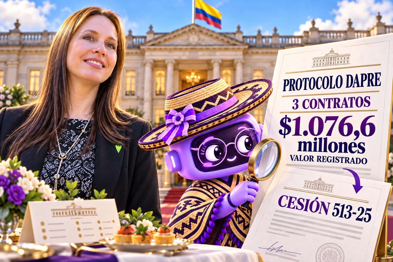 Ilustración editorial de Carolina Plata ante la Casa de Nariño, junto a Ponchita con gafas, sombrero y poncho que examina tres contratos de protocolo del Dapre con valor registrado de $1.076,6 millones y la cesión del 513-25.