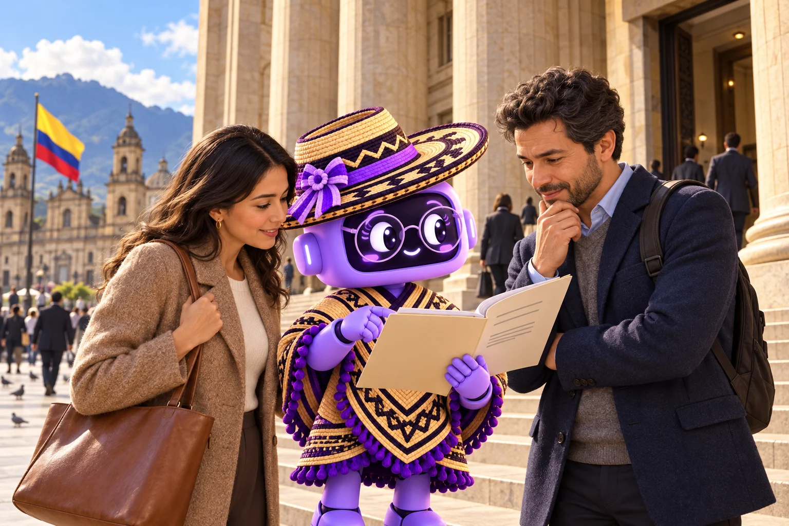 Ilustración de Ponchita con gafas, sombrero y poncho revisando un expediente junto a dos usuarios ante una entrada de piedra del Palacio de Justicia en Bogotá.
