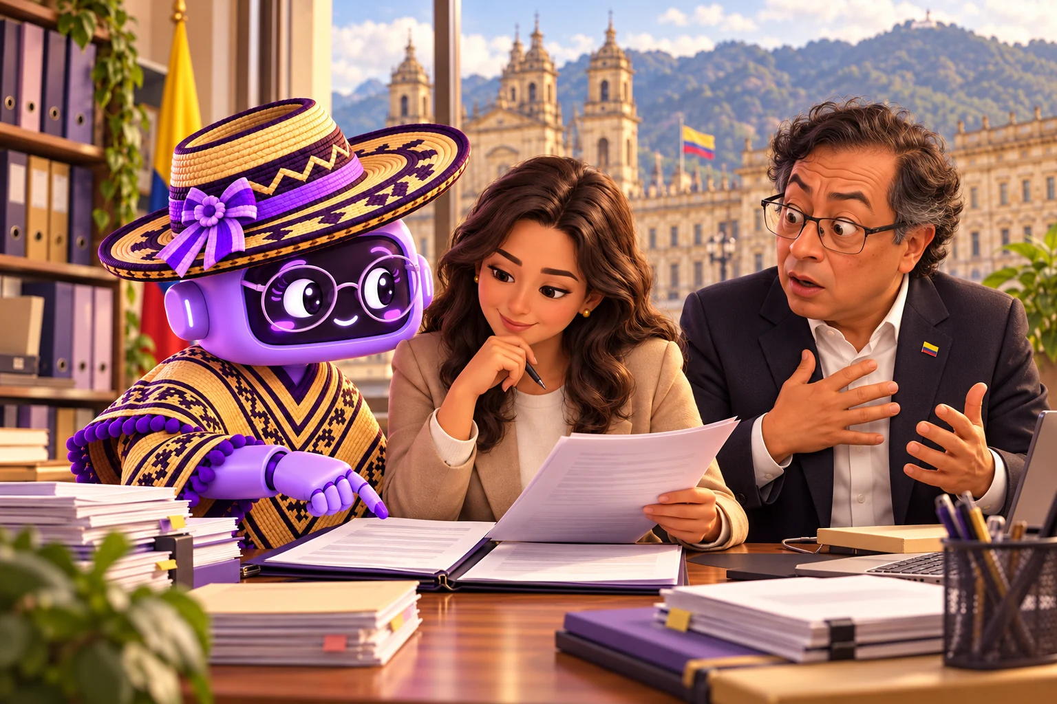 Ilustración de Ponchita con gafas, sombrero y poncho junto a una contratista que revisa documentos y a Gustavo Petro sorprendido en una oficina pública, con la plaza de Bolívar y las montañas de Bogotá al fondo.