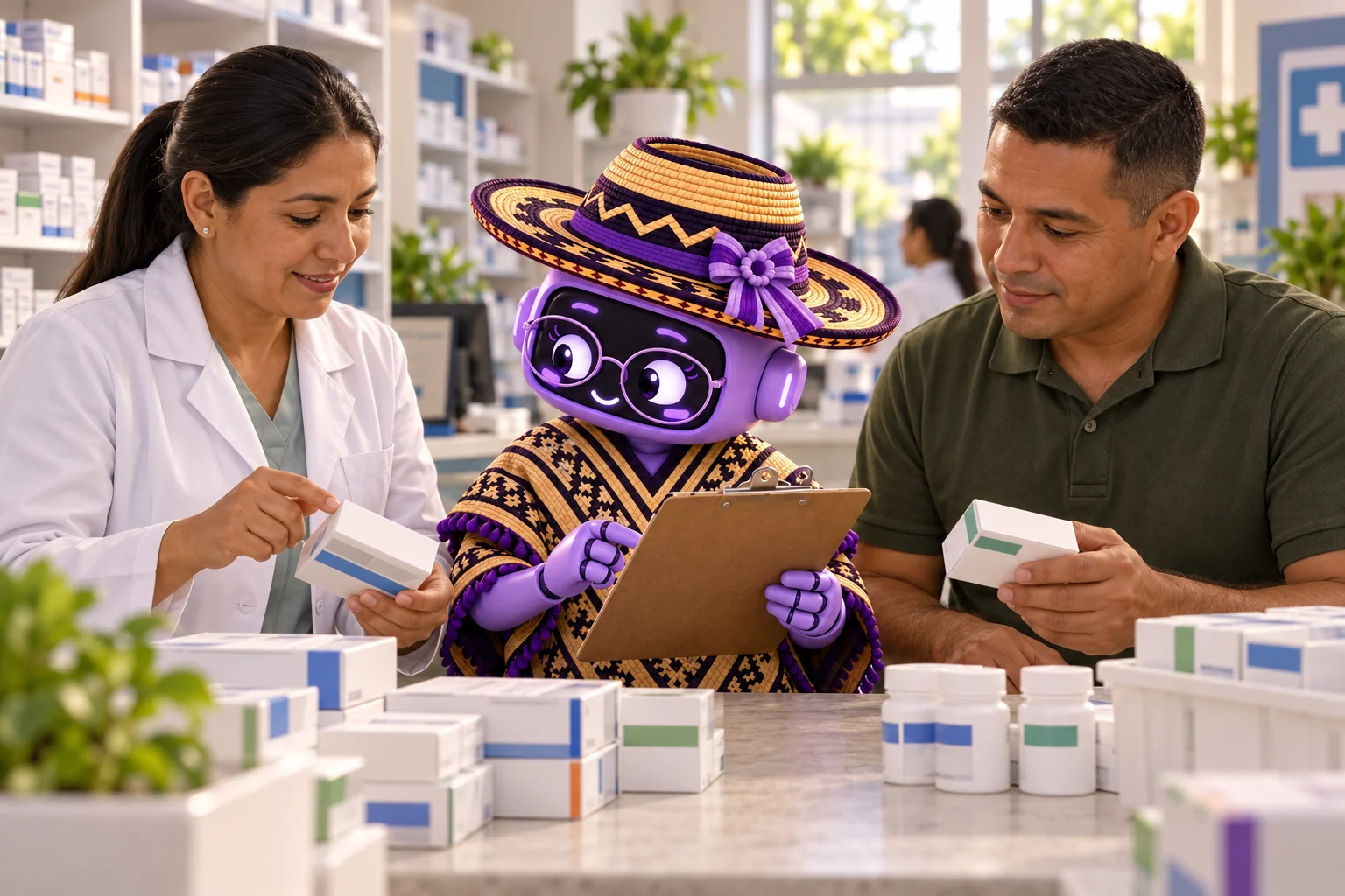 Ilustración de Ponchita con gafas revisando una lista de suministro en una farmacia, junto a una farmacéutica y un usuario de la Policía.