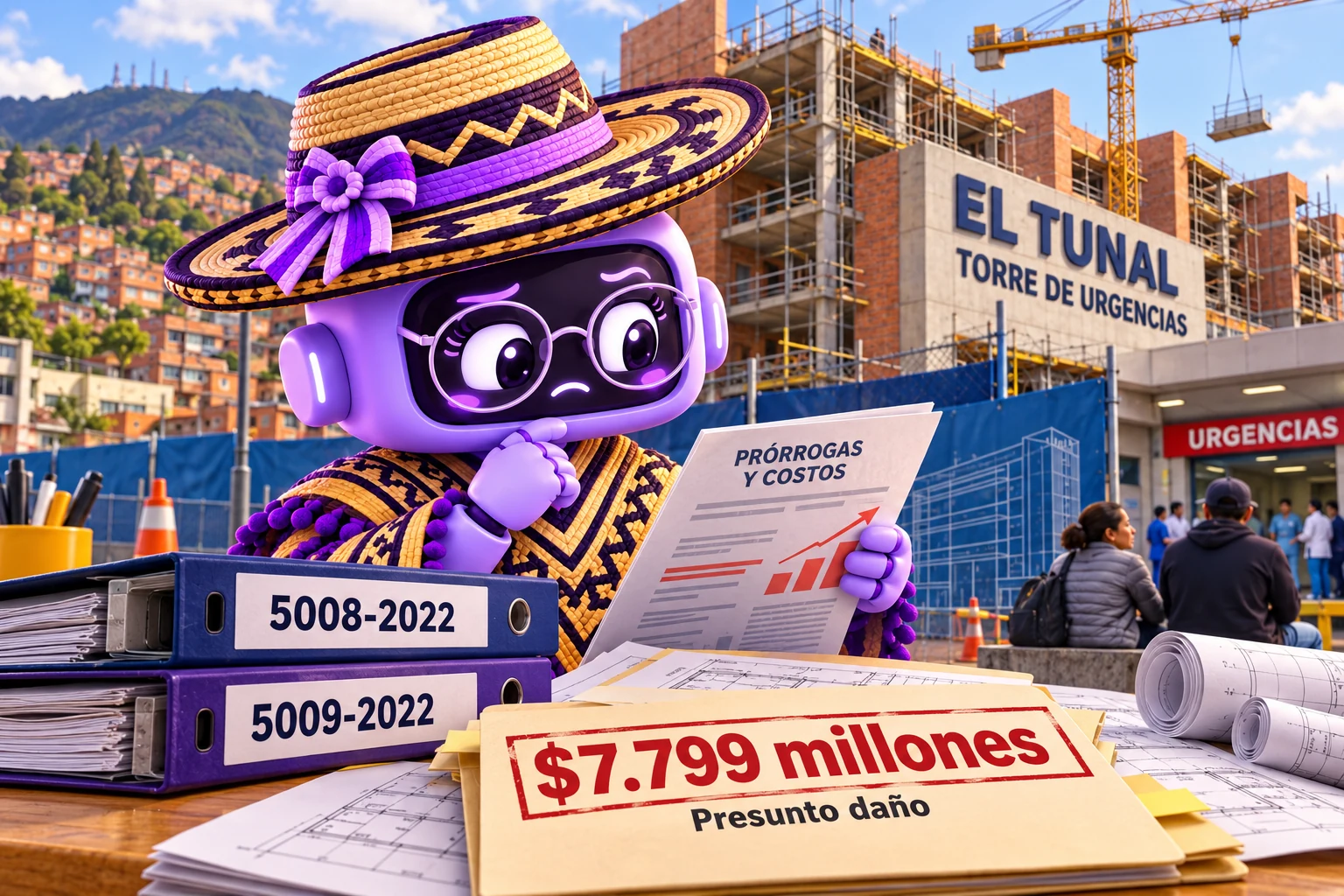 Ilustración de Ponchita revisando las carpetas 5008-2022 y 5009-2022 y los costos de las prórrogas ante la torre de urgencias de El Tunal en construcción, con pacientes y acompañantes en Tunjuelito, Bogotá.