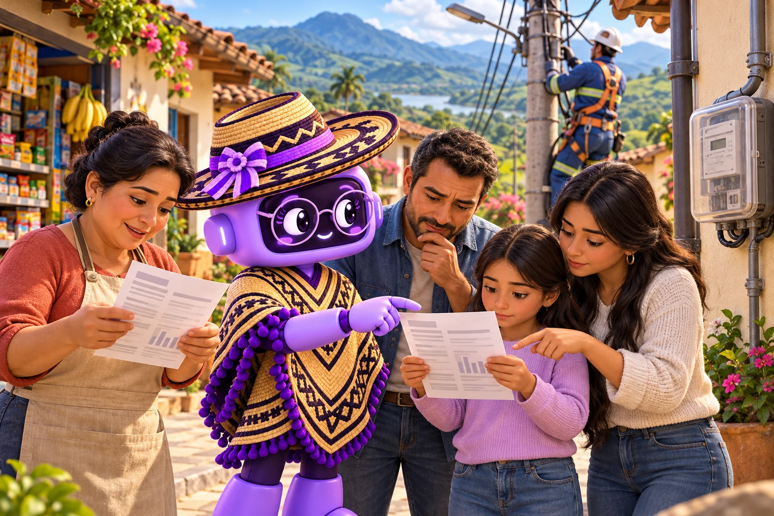 Ilustración de Ponchita con gafas, sombrero y poncho revisando recibos junto a una familia, una comerciante y un técnico ante medidores y redes de energía en un barrio colombiano.