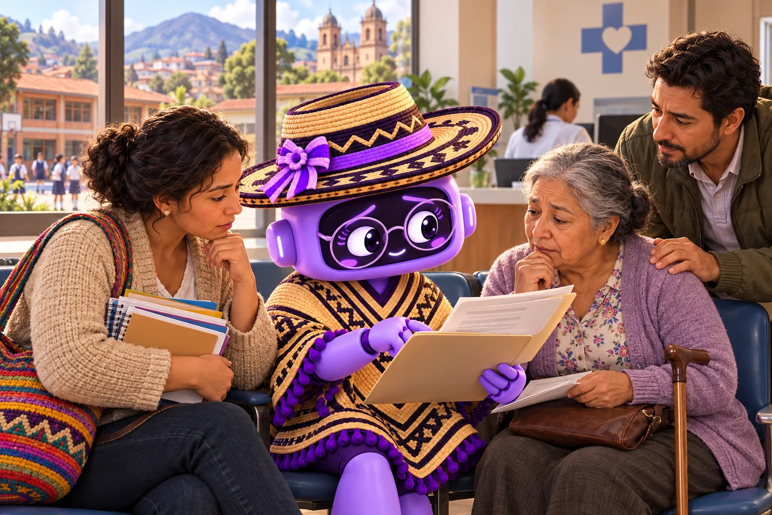 Ilustración de Ponchita con gafas, sombrero y poncho junto a una docente con cuadernos, una pensionada y su familiar en una sala de atención de salud en Colombia.