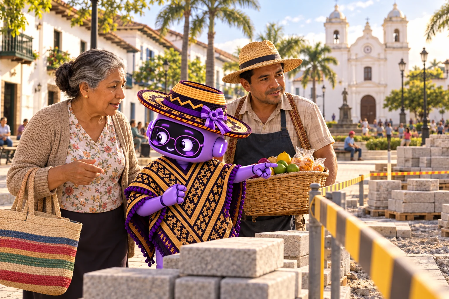 Ilustración de Ponchita con una vecina y un vendedor ante las obras del parque principal de Girón, con fachadas coloniales al fondo.
