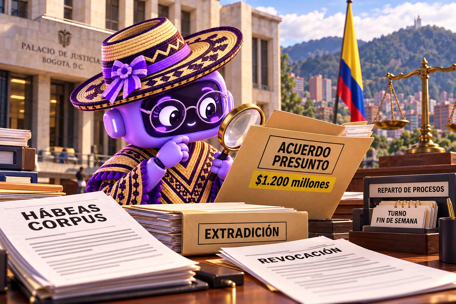 Ilustración de Ponchita revisando expedientes de hábeas corpus, extradición, reparto por turnos y revocación ante los juzgados de Bogotá, con el acuerdo presunto de $1.200 millones.