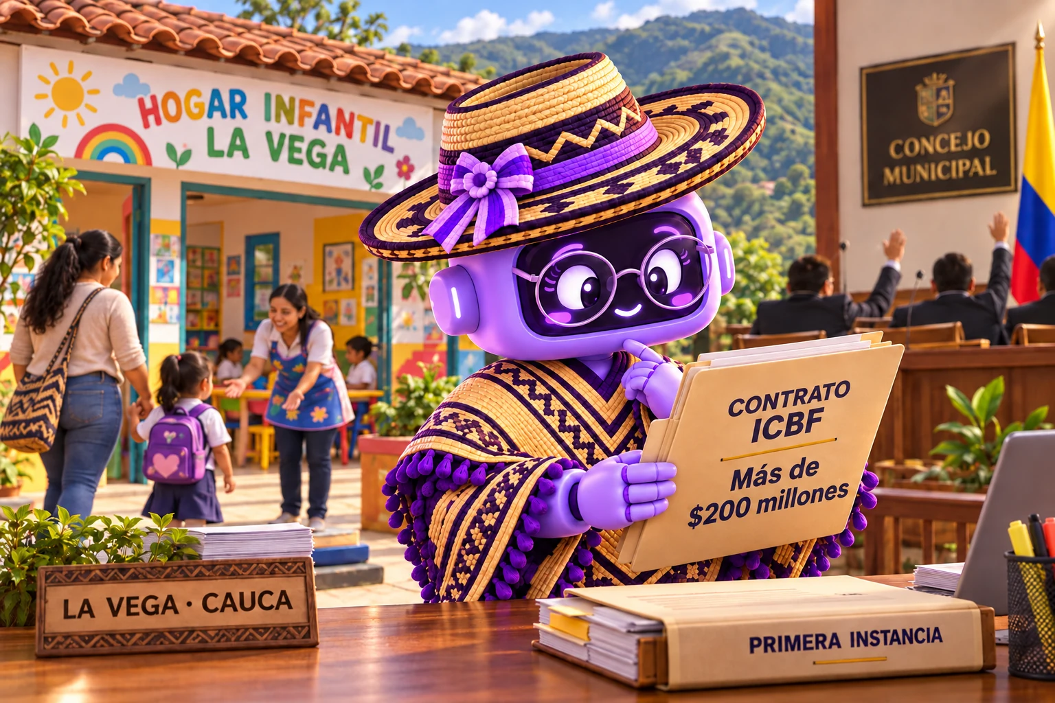 Ilustración de Ponchita con gafas, sombrero y poncho revisando un contrato del ICBF de más de $200 millones ante el Hogar Infantil La Vega, niños y familias del Cauca y una mesa del Concejo Municipal.