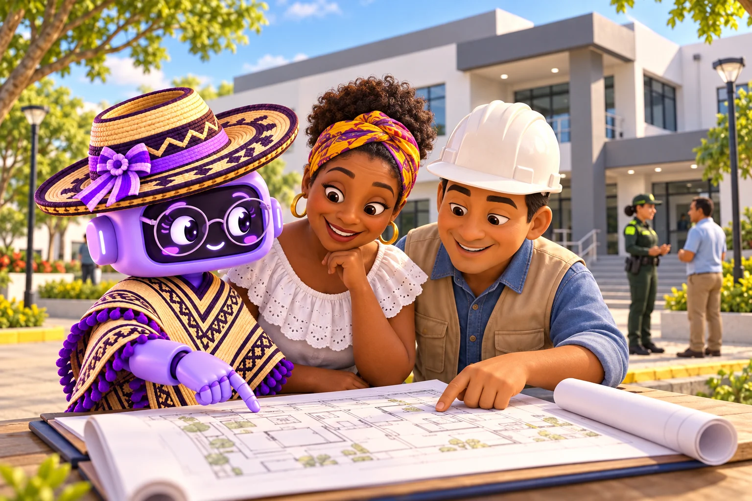 Ilustración de Ponchita con gafas, sombrero y poncho junto a dos habitantes que revisan un plano ante un edificio del comando de Policía de Sabanalarga, con atención a la comunidad al fondo.