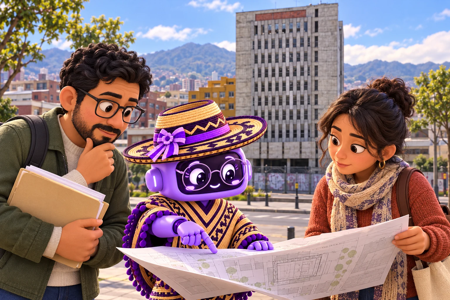 Ilustración de Ponchita con gafas, sombrero y poncho junto a dos habitantes con documentos y un plano, ante la torre de concreto de la sede sin estrenar de la Alcaldía Local de Teusaquillo, en Bogotá.