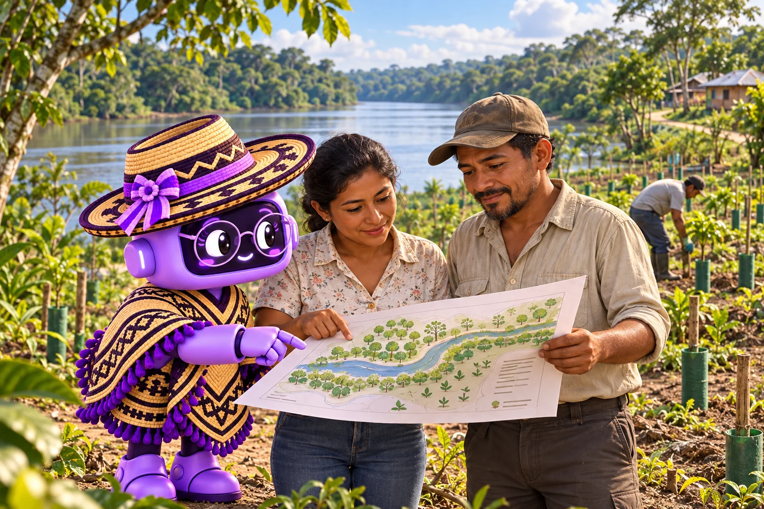 Ilustración de Ponchita con gafas, sombrero y poncho revisando un plano junto a dos habitantes y plantas jóvenes en una ronda del río Unilla, Guaviare.