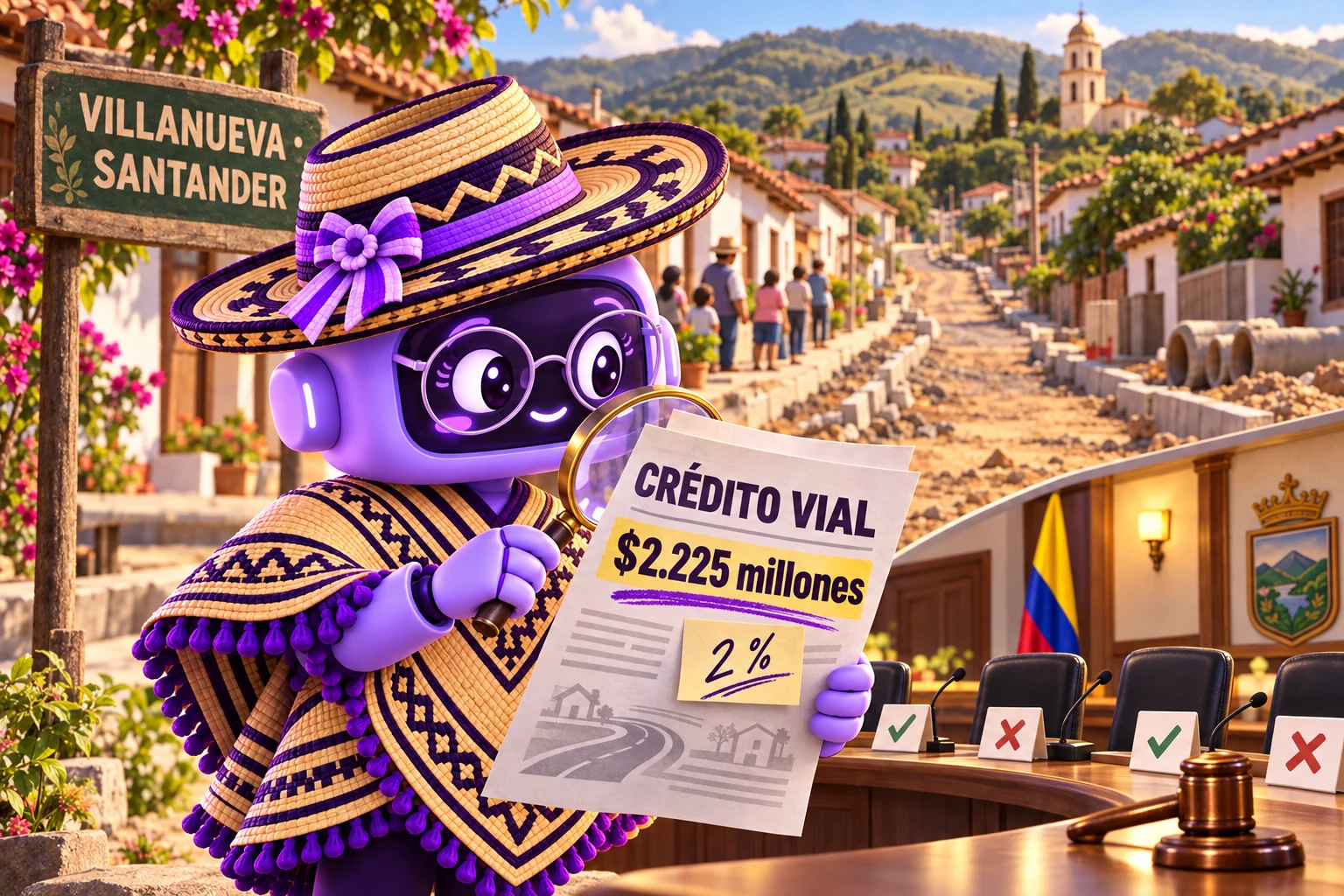 Ilustración de Ponchita con gafas, sombrero y poncho examinando el crédito vial de $2.225 millones y una nota del 2 %, junto a calles sin pavimentar y una mesa de votación del Concejo de Villanueva, Santander.
