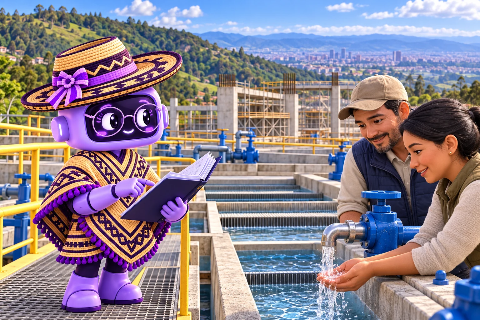 Ilustración de Ponchita con gafas, sombrero y poncho revisando contratos junto a dos habitantes y filtros de una planta de agua en las montañas de La Calera, con Bogotá al fondo.