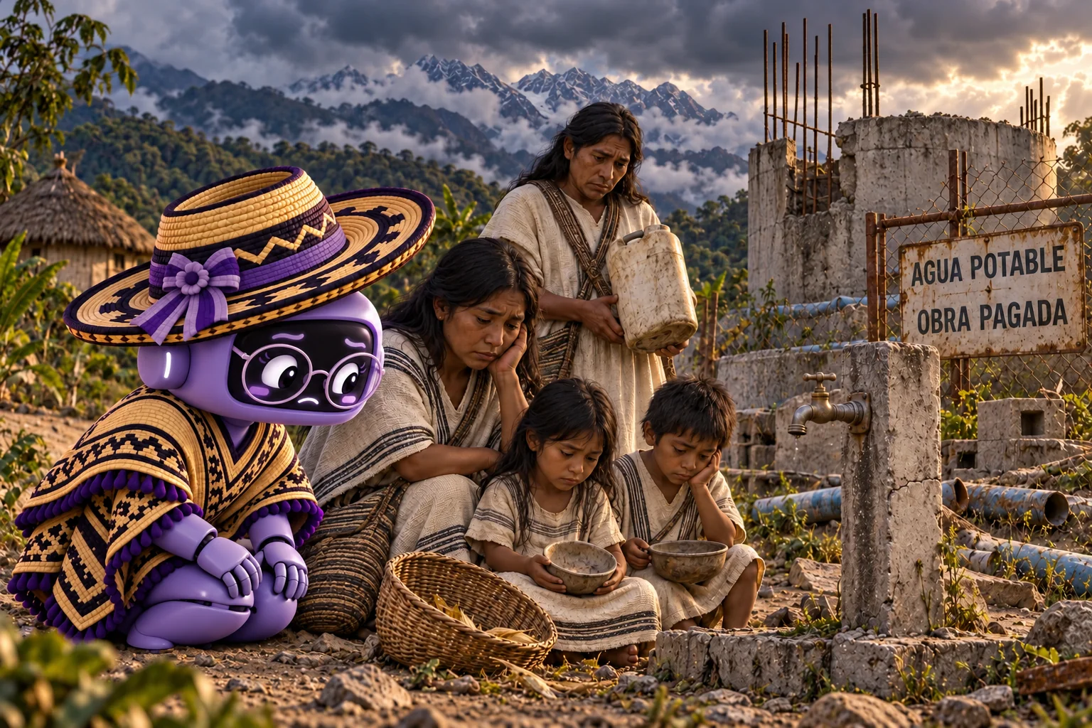 Ilustración de Ponchita con gafas, de rodillas junto a una familia, un grifo seco y una obra de agua abandonada.